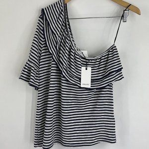 NEW Ro & De One‎ Shoulder Top Womens Large Navy Blue White Striped Shirt Ruffle